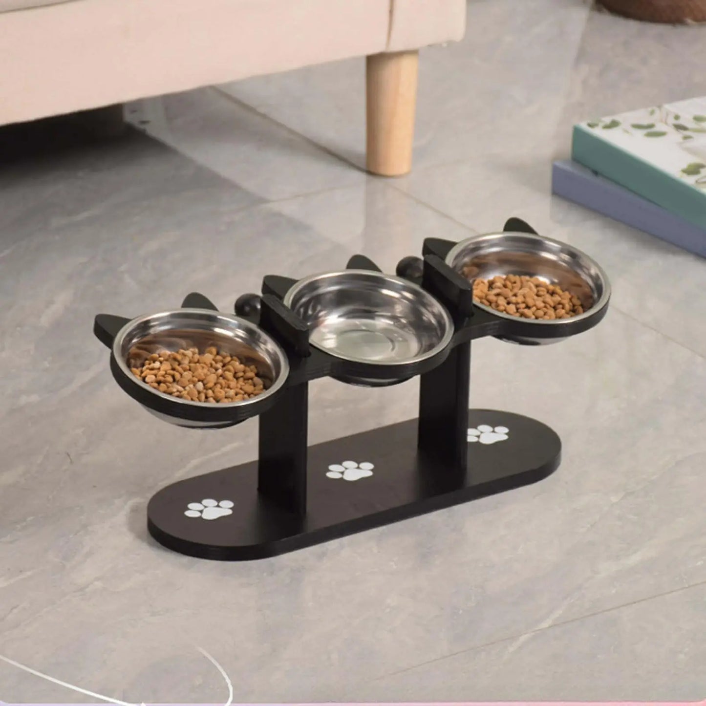 Gamelle surélevée inox 15° — support bois noir élégant