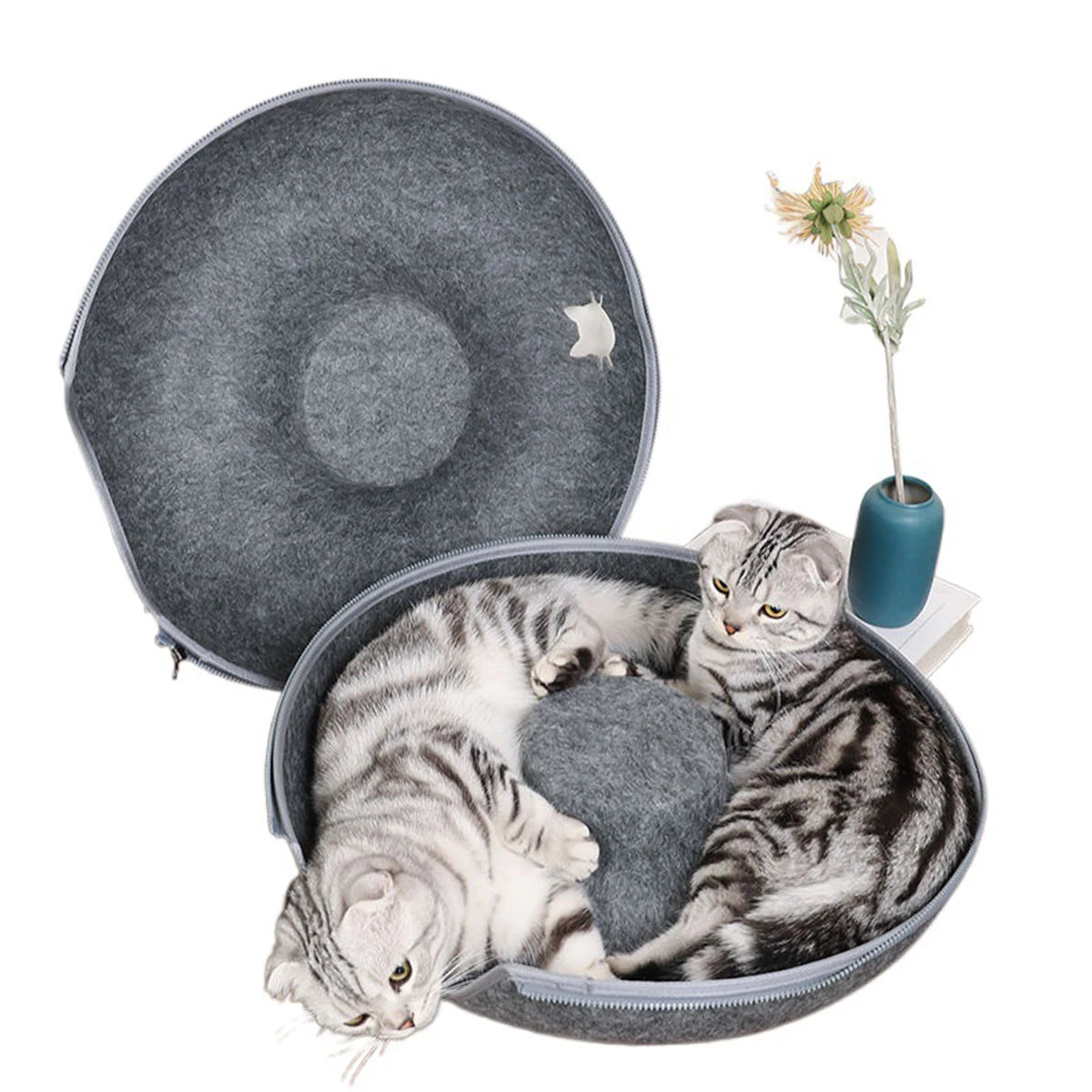 Tunnel-nid en feutre 3-en-1 pour chat — griffoir et couchage