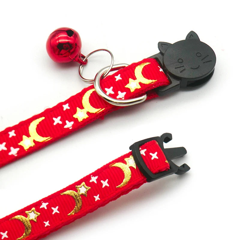 Collier chat étoiles & lune — réfléchissant avec grelot