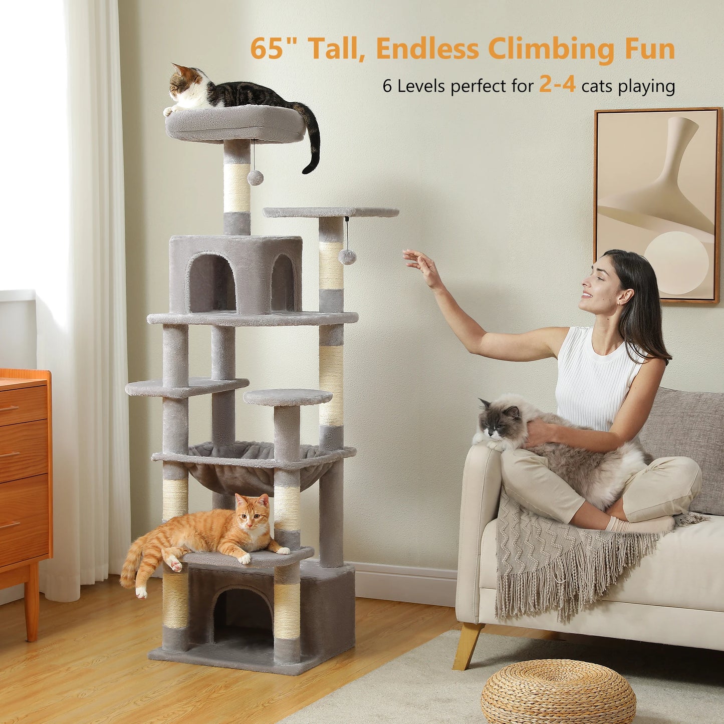 Grand arbre à chat multi-niveaux — sisal, hamac & niches
