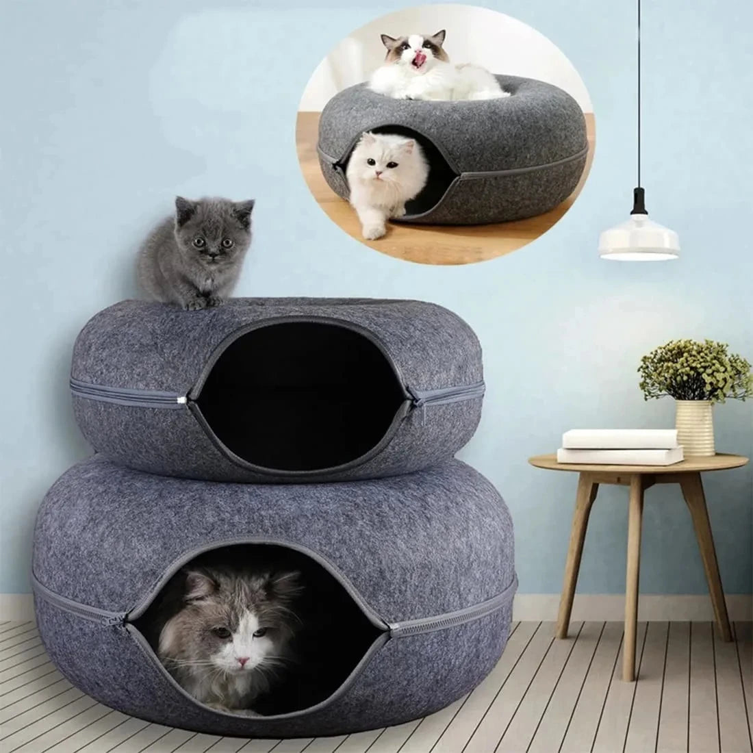 Tunnel-nid en feutre 3-en-1 pour chat — griffoir et couchage