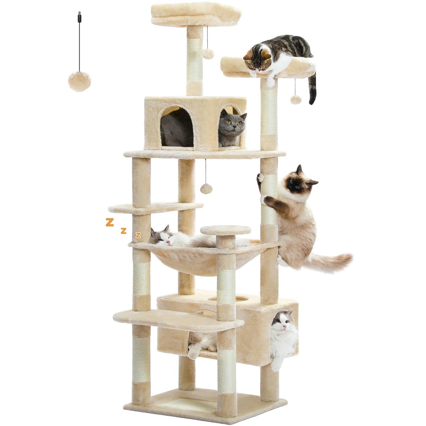 Grand arbre à chat multi-niveaux — sisal, hamac & niches
