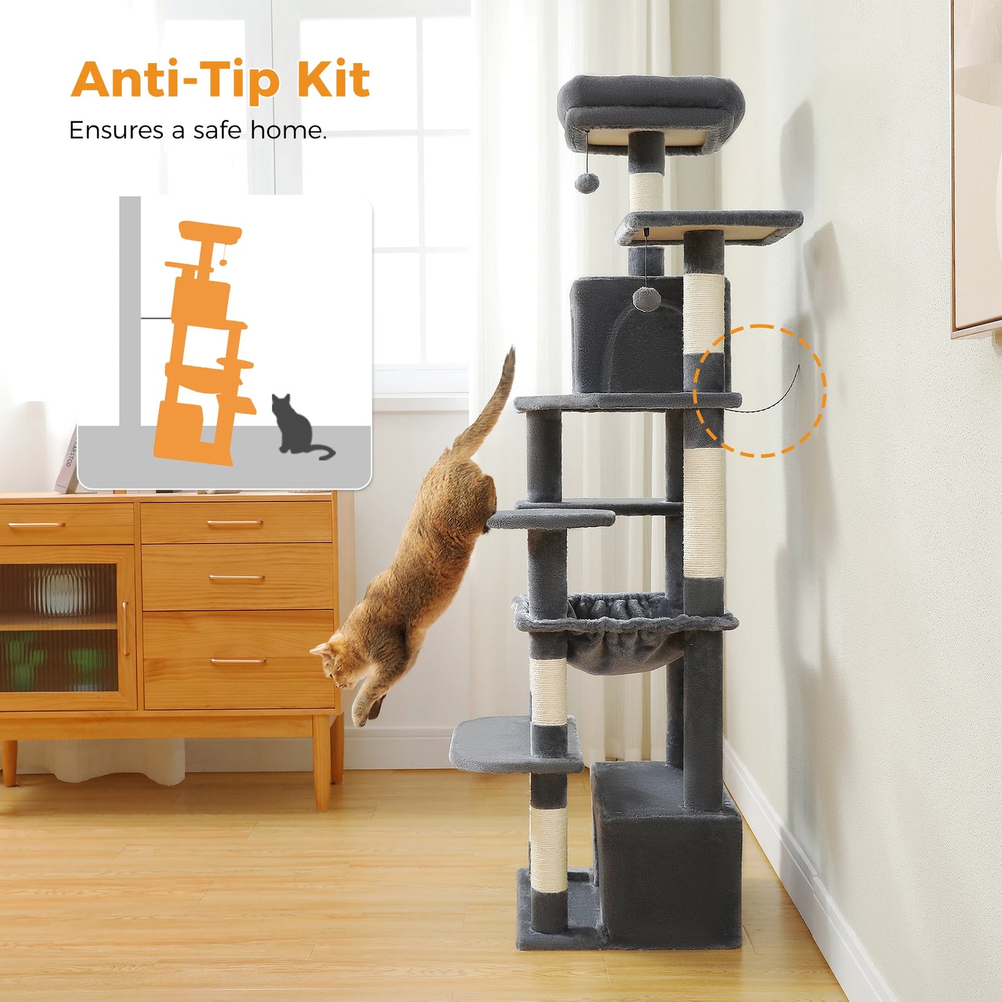 Grand arbre à chat multi-niveaux — sisal, hamac & niches