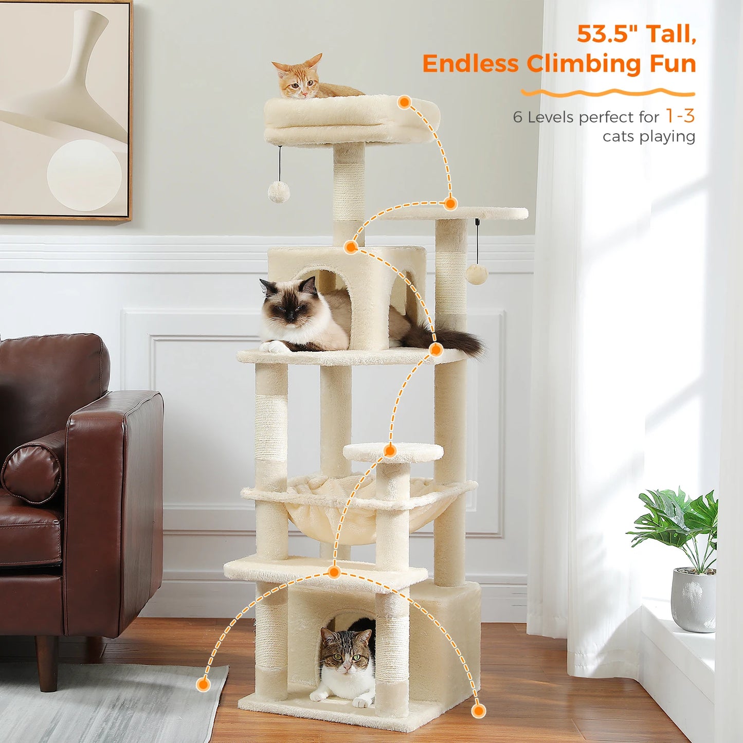 Grand arbre à chat multi-niveaux — sisal, hamac & niches