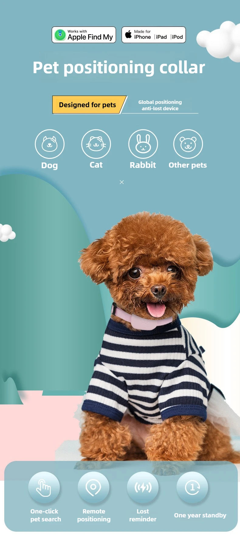 Traceur GPS waterproof Apple Find My — alerte mouvement pour chat