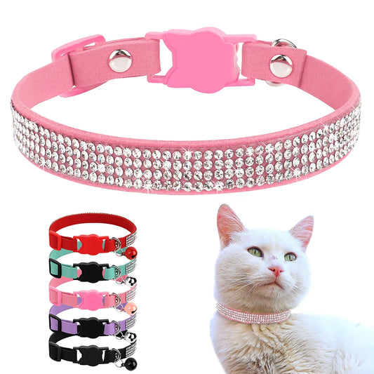 Collier chat rose suédine — strass & grelot sécurisé