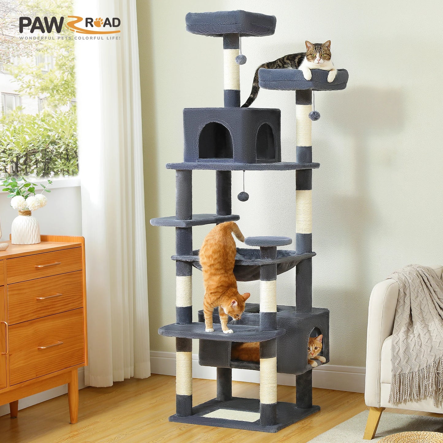 Grand arbre à chat multi-niveaux — sisal, hamac & niches