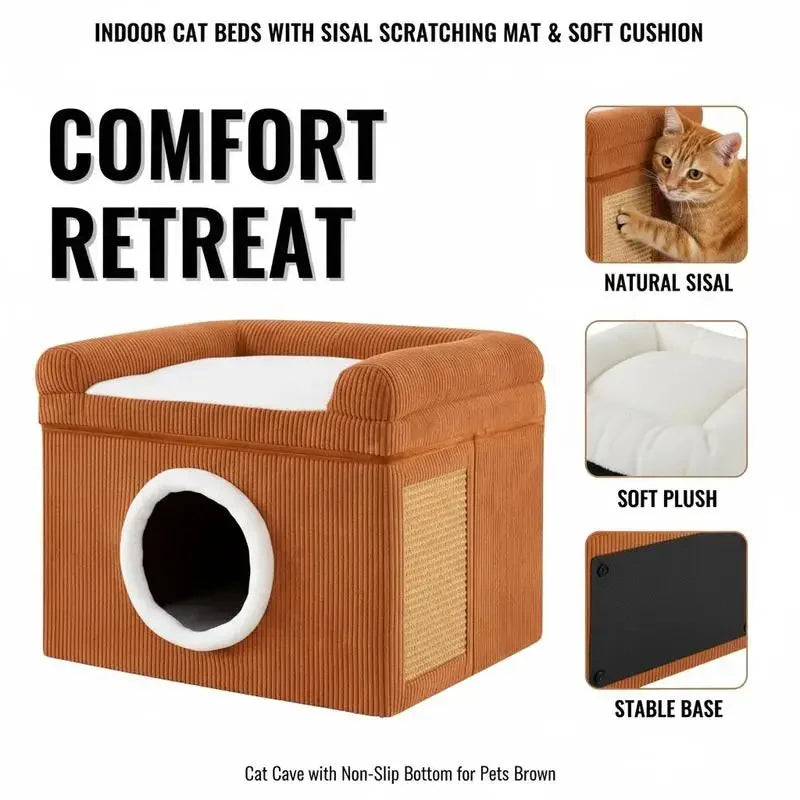 Lit caverne en sisal avec coussin doux — griffoir intégré