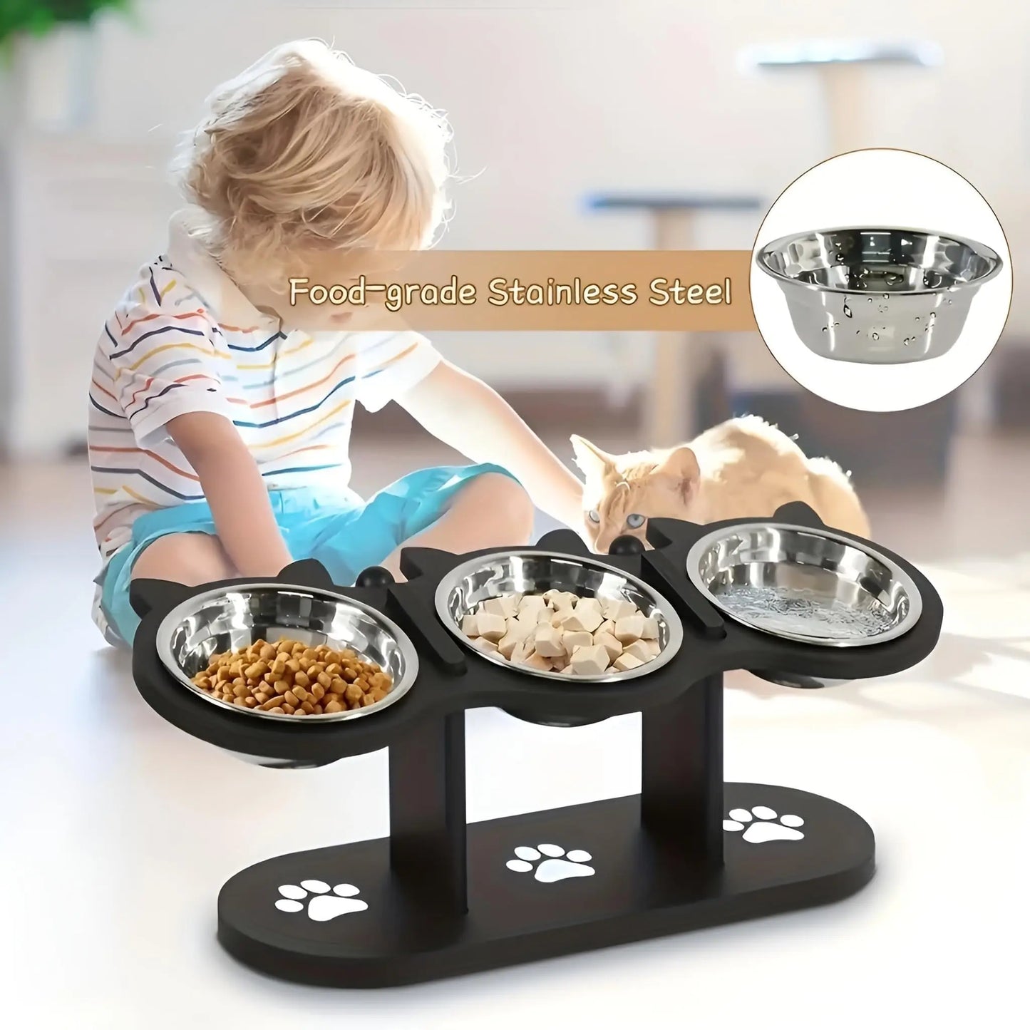 Gamelle surélevée inox 15° — support bois noir élégant