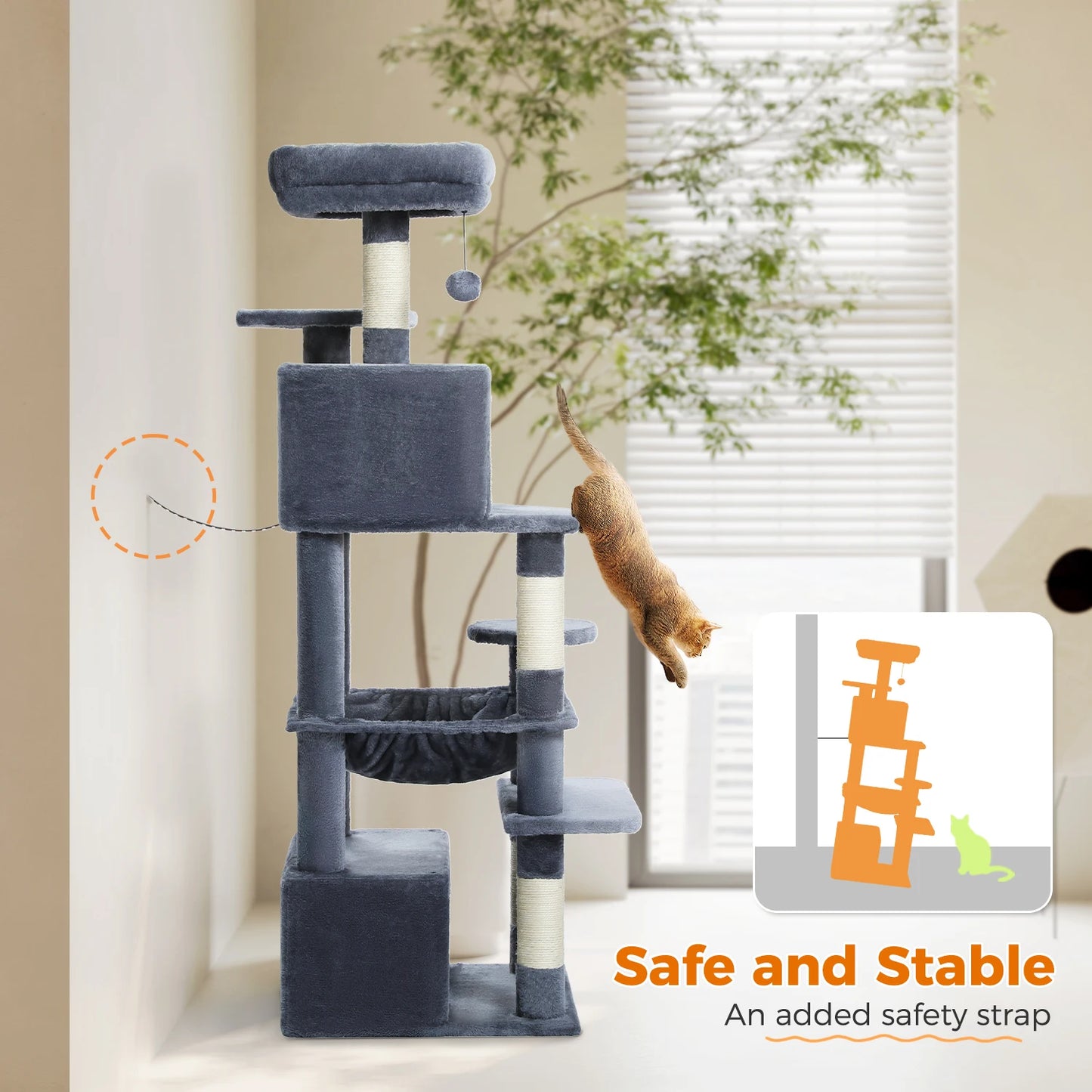 Grand arbre à chat multi-niveaux — sisal, hamac & niches