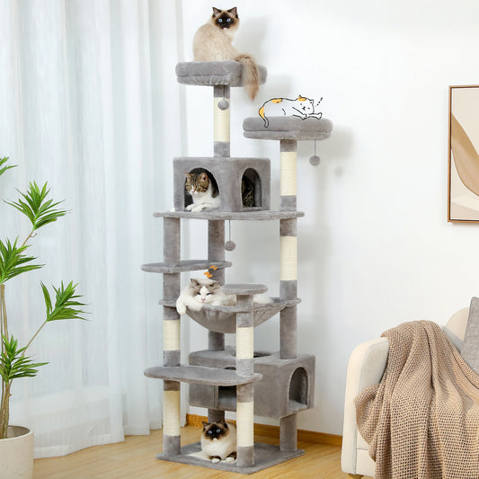 Grand arbre à chat multi-niveaux — sisal, hamac & niches