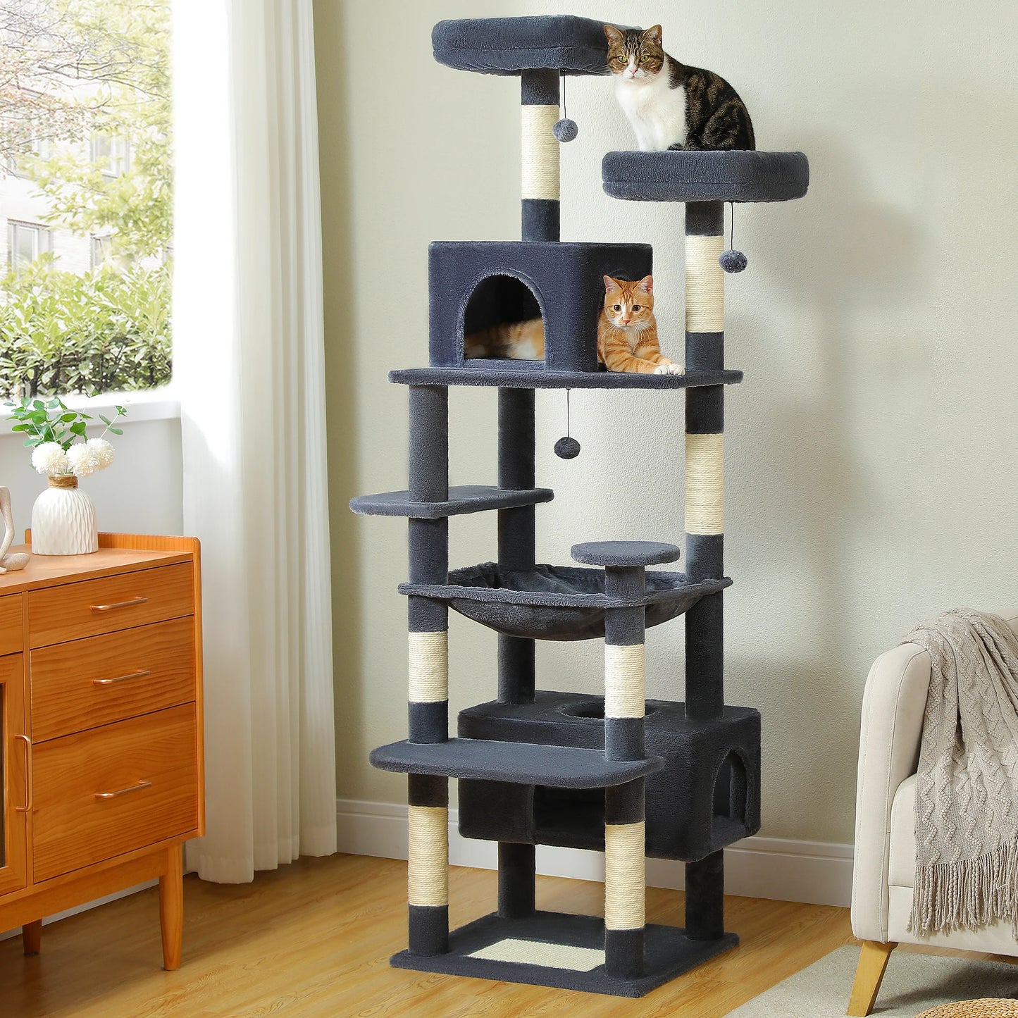 Grand arbre à chat multi-niveaux — sisal, hamac & niches