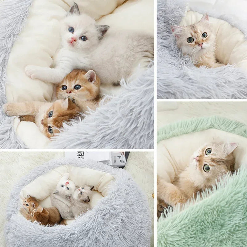 Coussin rond 2-en-1 convertible en nid pour chat