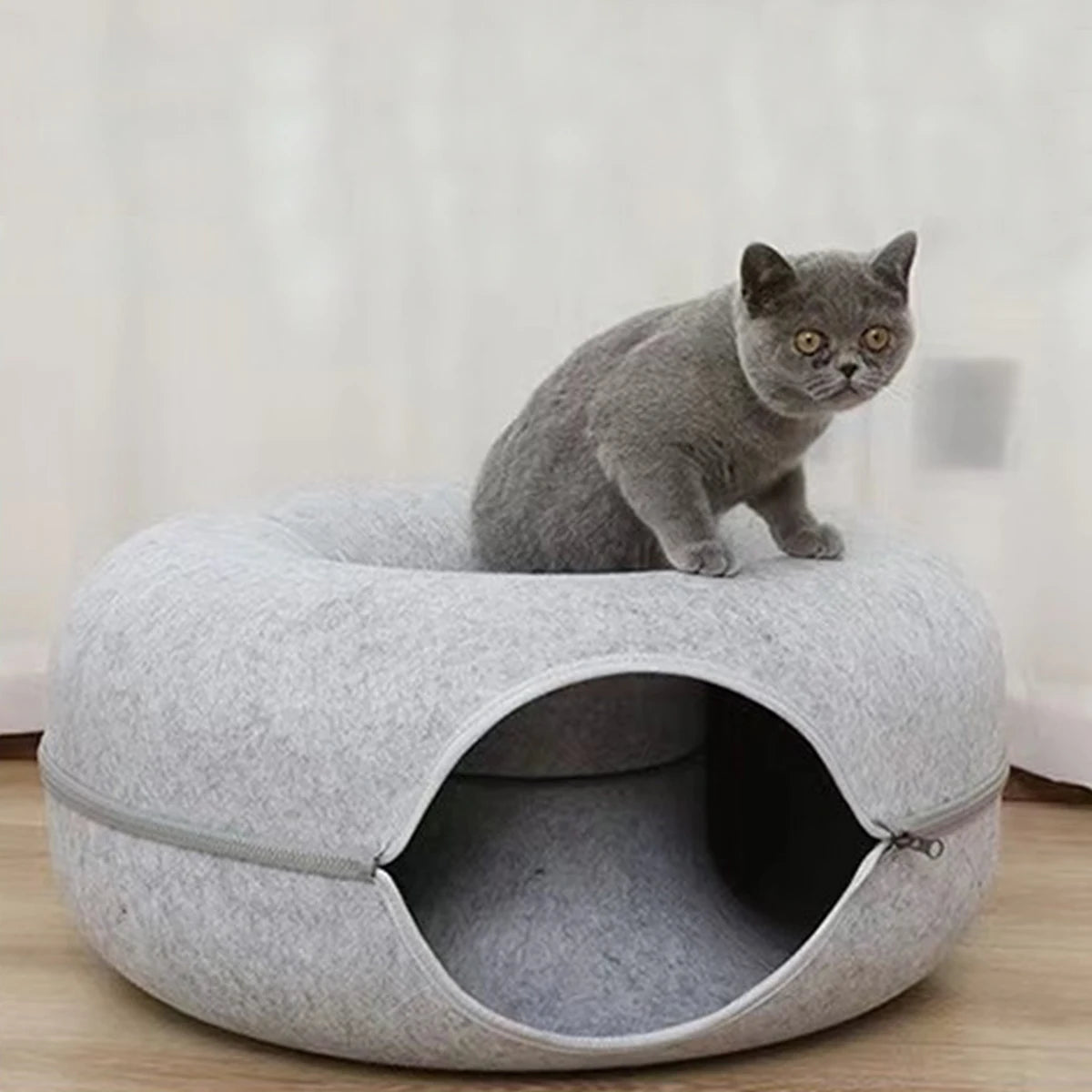 Tunnel-nid en feutre 3-en-1 pour chat — griffoir et couchage