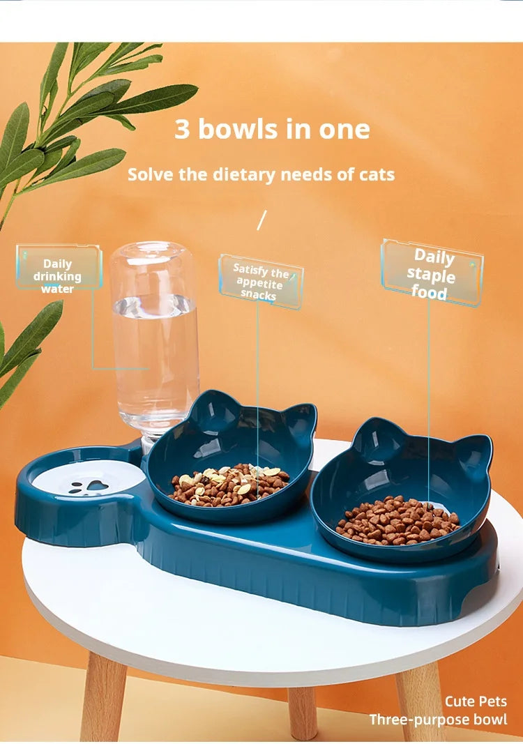 Set 3-en-1 gamelles & fontaine gravité — design oreilles de chat