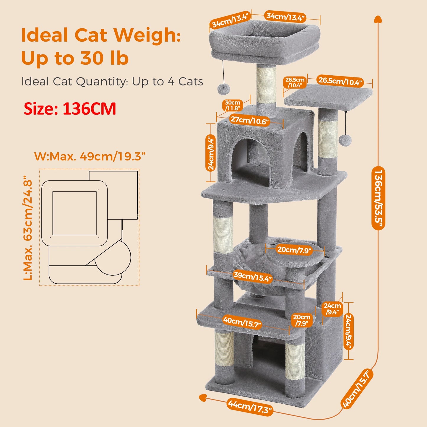Grand arbre à chat multi-niveaux — sisal, hamac & niches