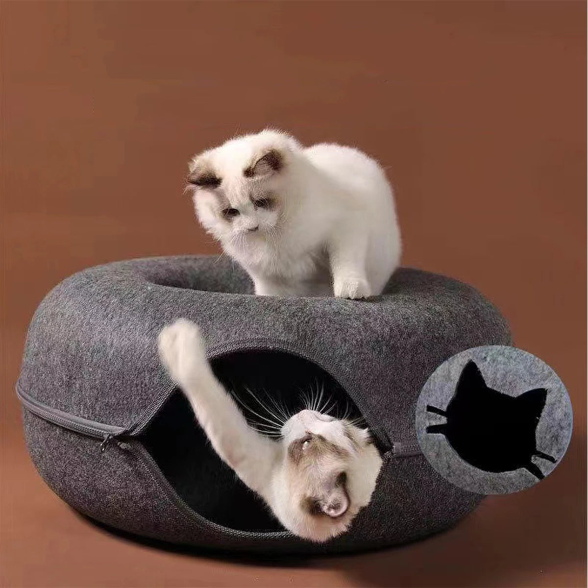 Tunnel-nid en feutre 3-en-1 pour chat — griffoir et couchage
