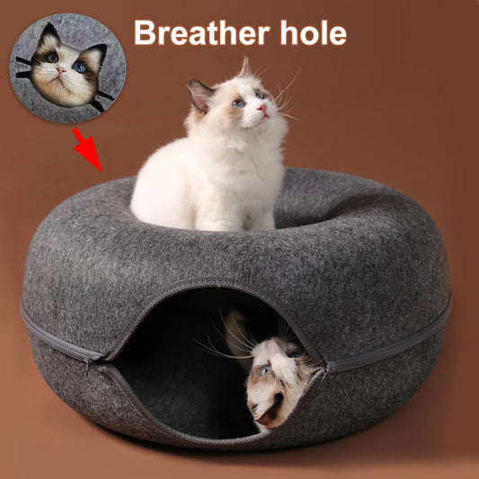 Tunnel-nid en feutre 3-en-1 pour chat — griffoir et couchage