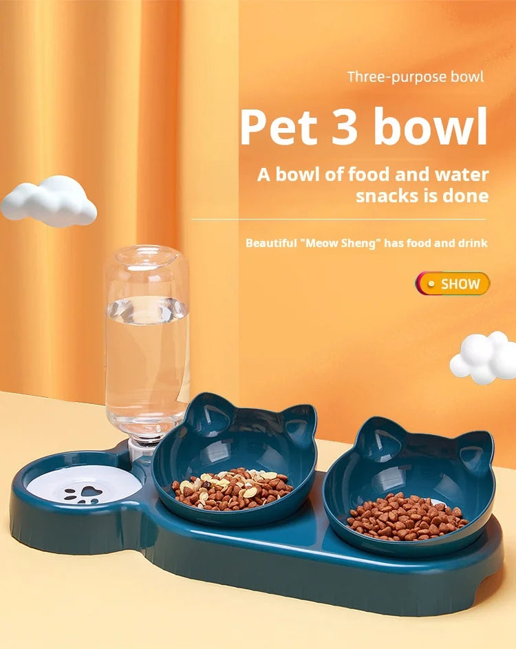 Set 3-en-1 gamelles & fontaine gravité — design oreilles de chat