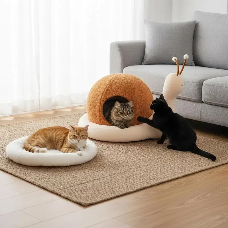Lit escargot en peluche pour chat — coussin lavable antidérapant