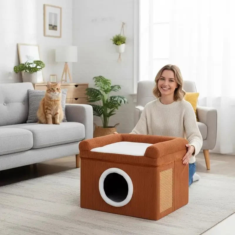 Lit caverne en sisal avec coussin doux — griffoir intégré