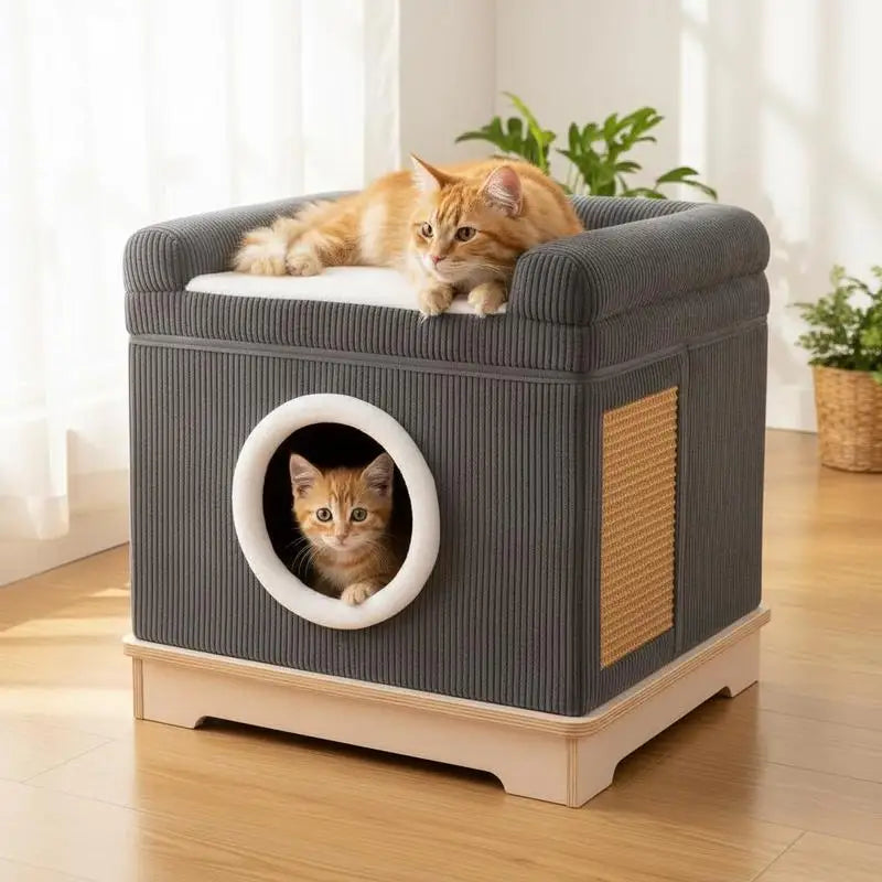 Lit caverne en sisal avec coussin doux — griffoir intégré