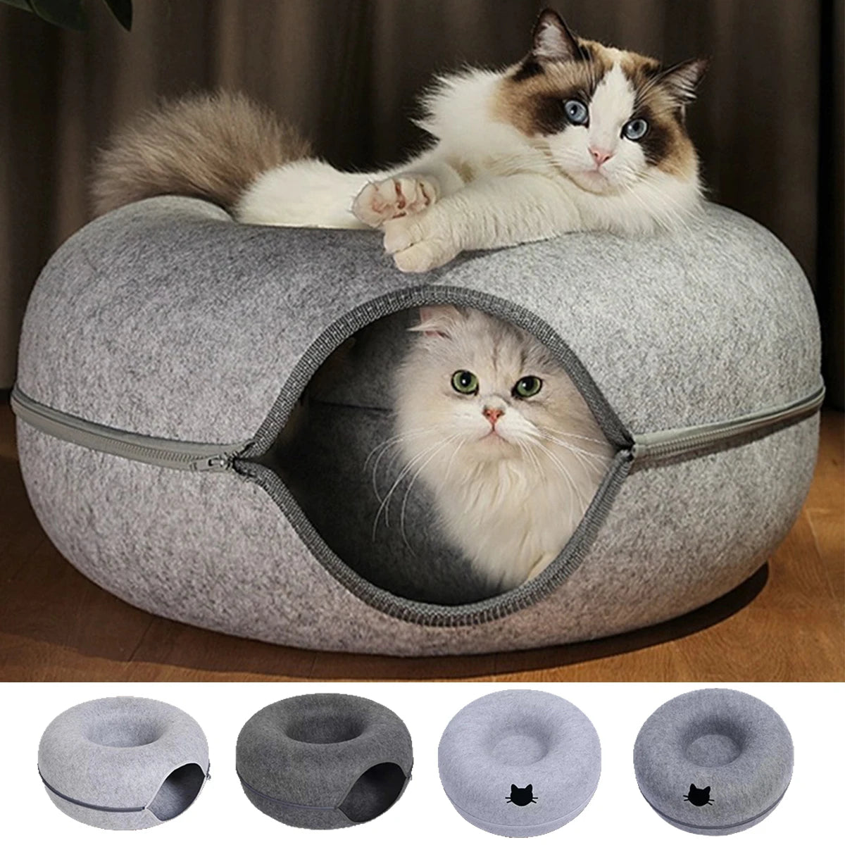 Tunnel-nid en feutre 3-en-1 pour chat — griffoir et couchage