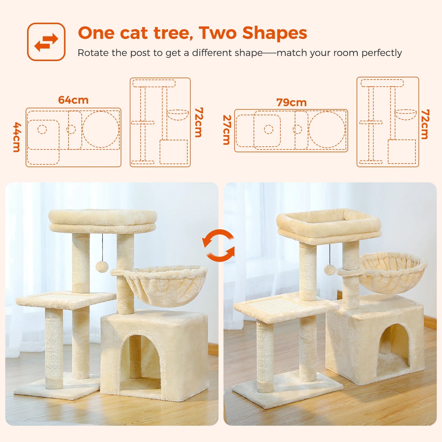 Arbre à chat 73 cm — hamac & griffoirs sisal pour chat d'intérieur