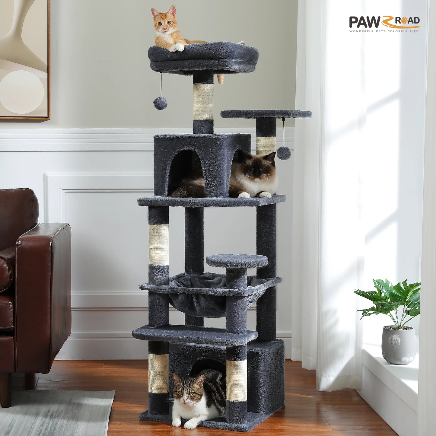Grand arbre à chat multi-niveaux — sisal, hamac & niches