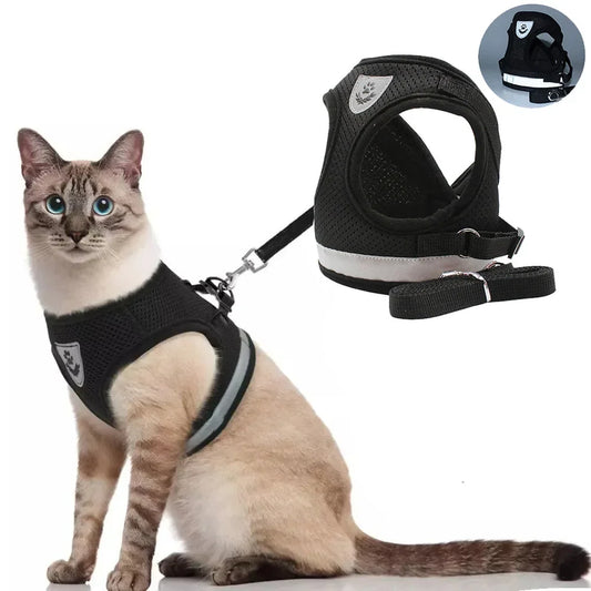 Harnais mesh réfléchissant avec laisse — ajustable pour chat