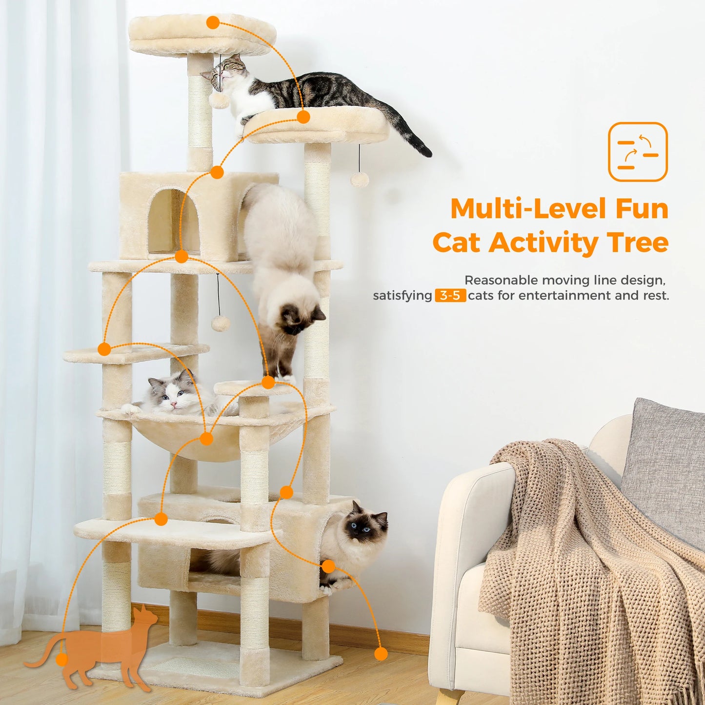 Grand arbre à chat multi-niveaux — sisal, hamac & niches