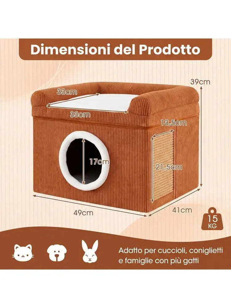 Lit caverne en sisal avec coussin doux — griffoir intégré