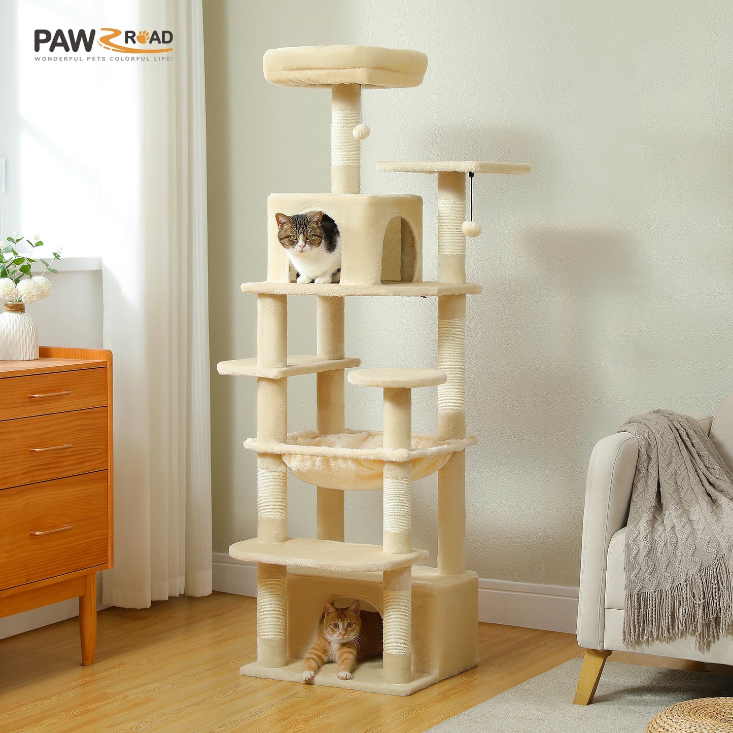 Grand arbre à chat multi-niveaux — sisal, hamac & niches