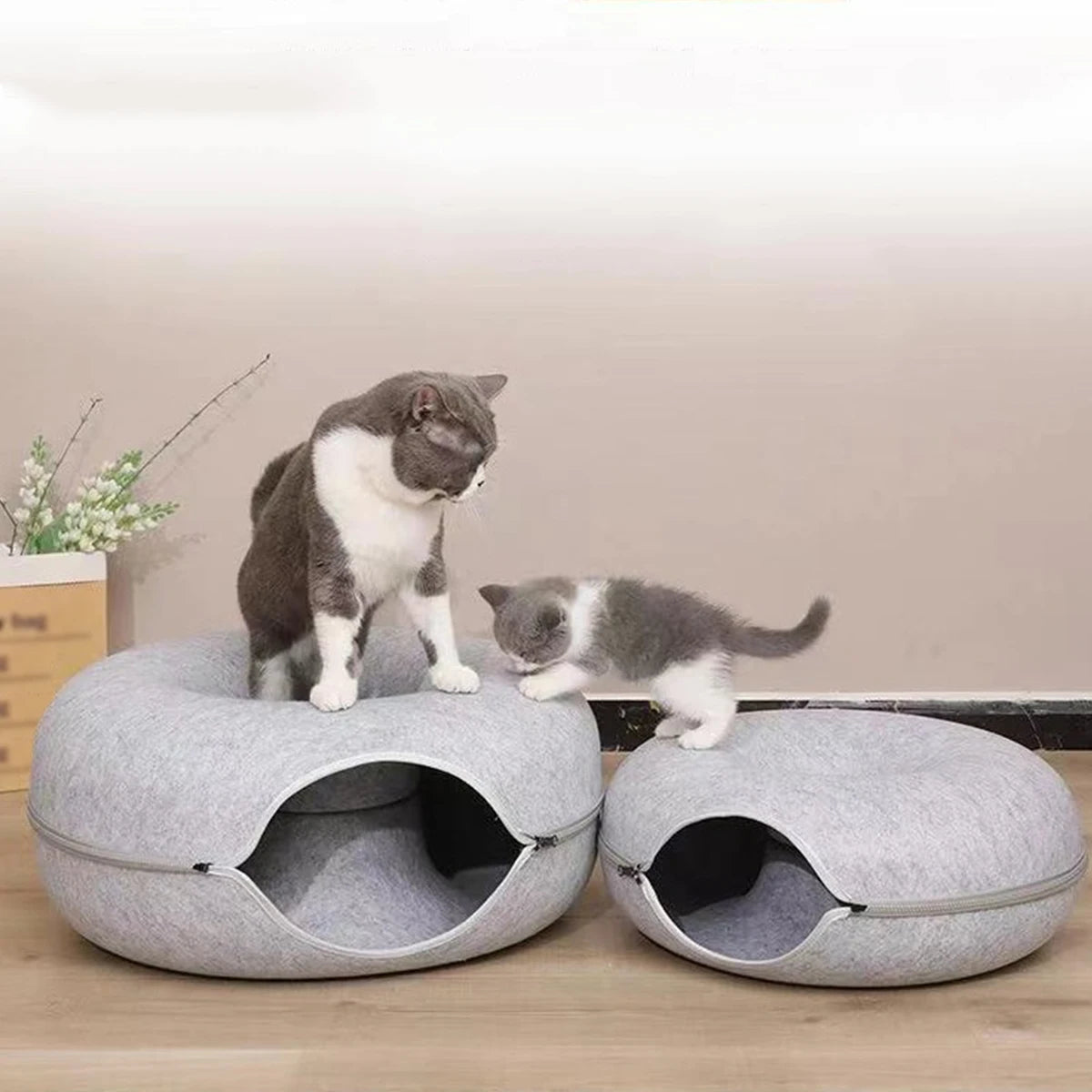 Tunnel-nid en feutre 3-en-1 pour chat — griffoir et couchage