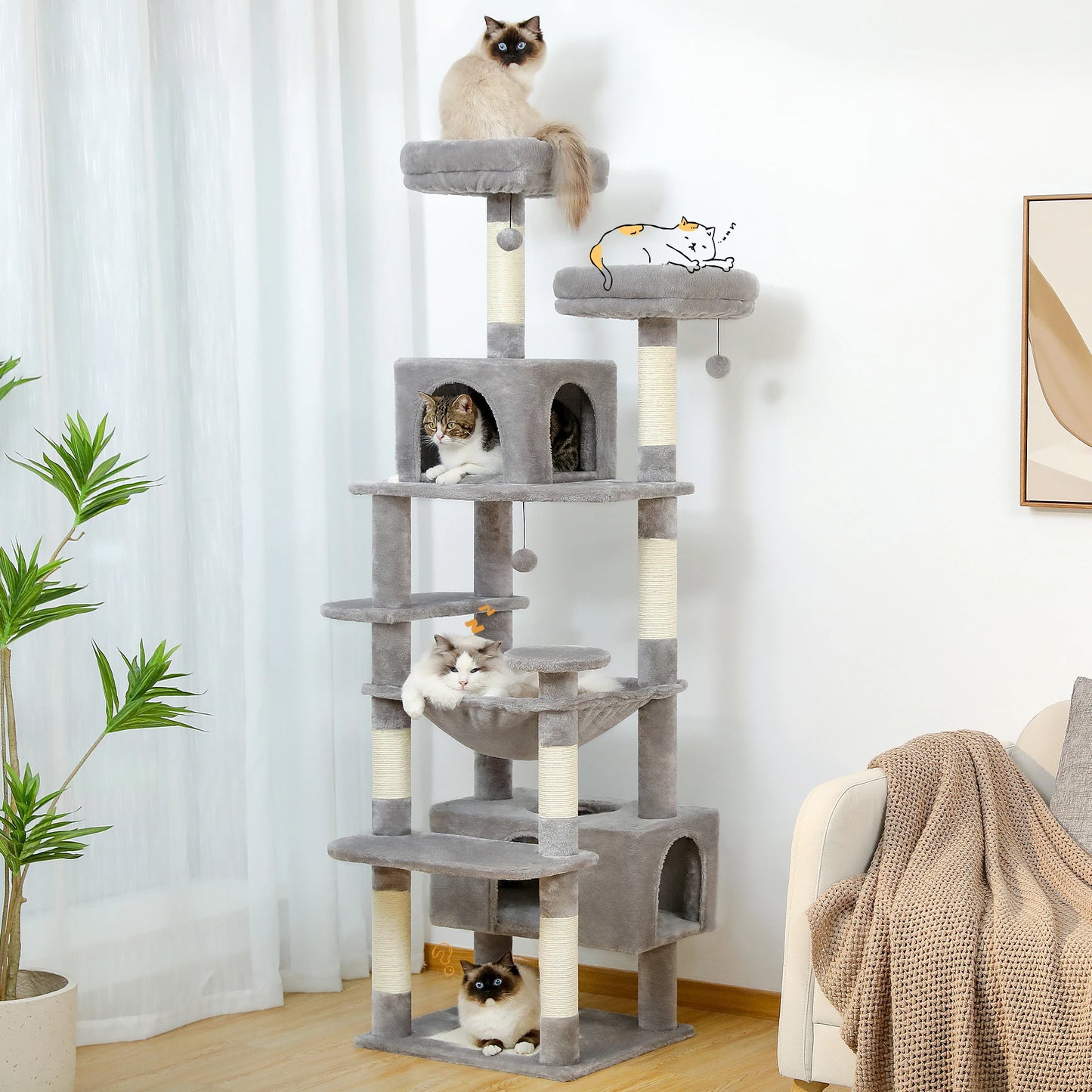 Grand arbre à chat multi-niveaux — sisal, hamac & niches