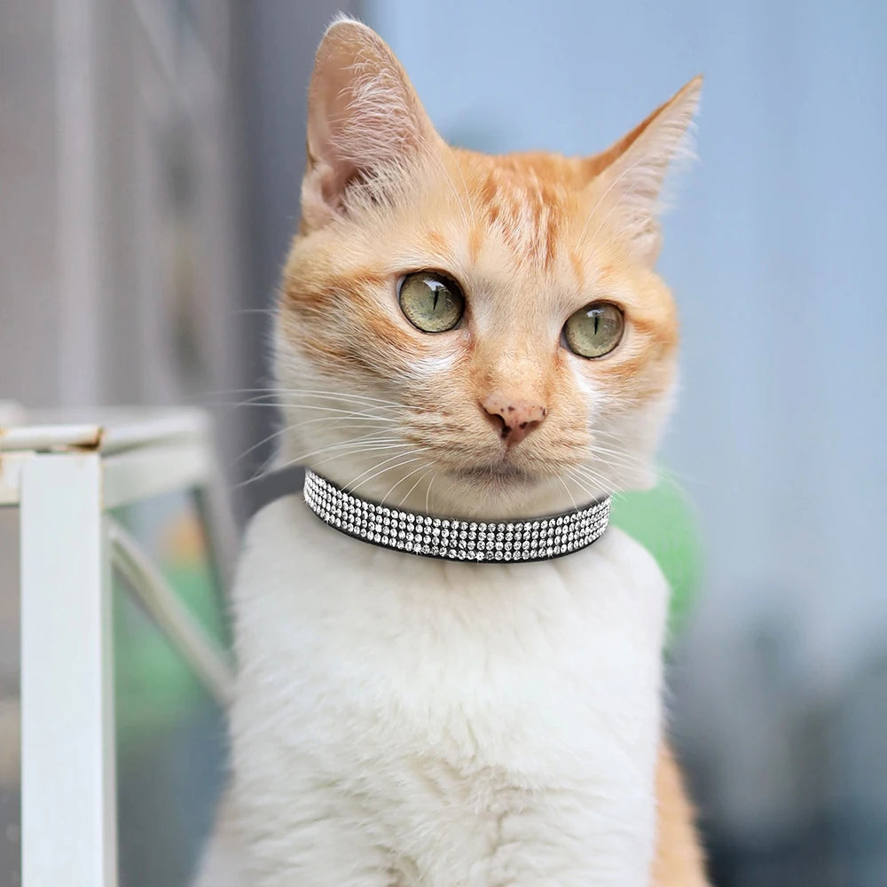 Collier chat rose suédine — strass & grelot sécurisé