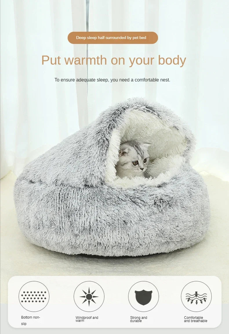 Coussin rond 2-en-1 convertible en nid pour chat
