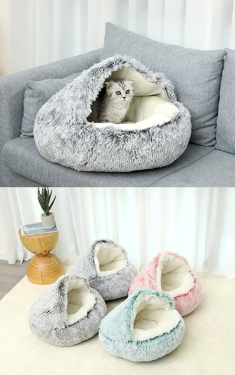 Coussin rond 2-en-1 convertible en nid pour chat
