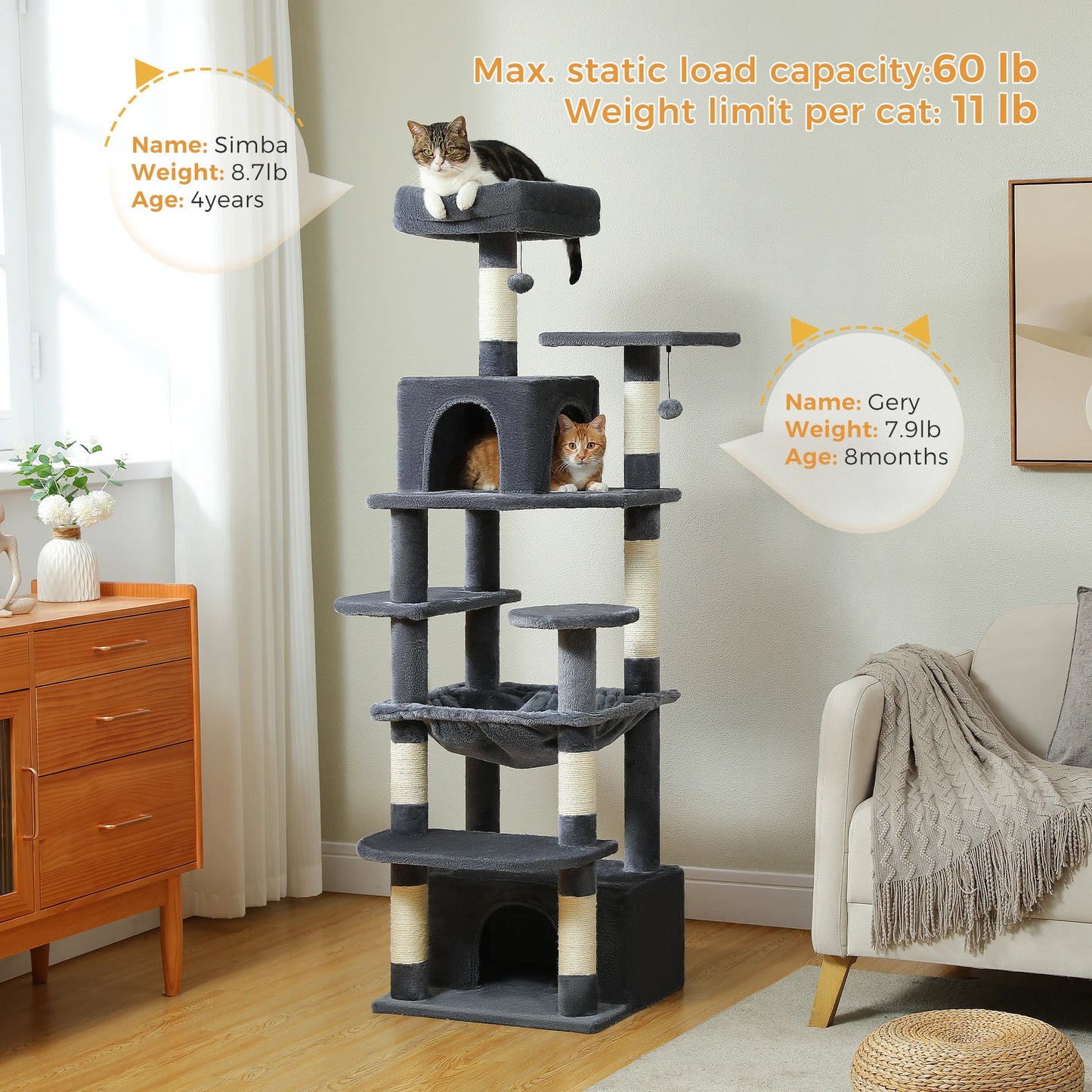 Grand arbre à chat multi-niveaux — sisal, hamac & niches