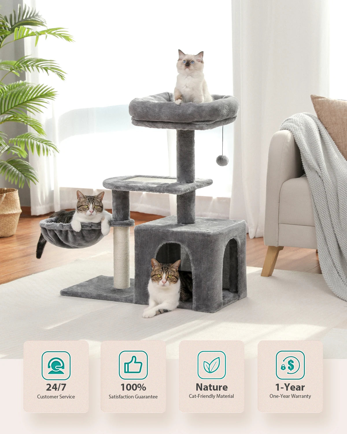 Arbre à chat 73 cm — hamac & griffoirs sisal pour chat d'intérieur