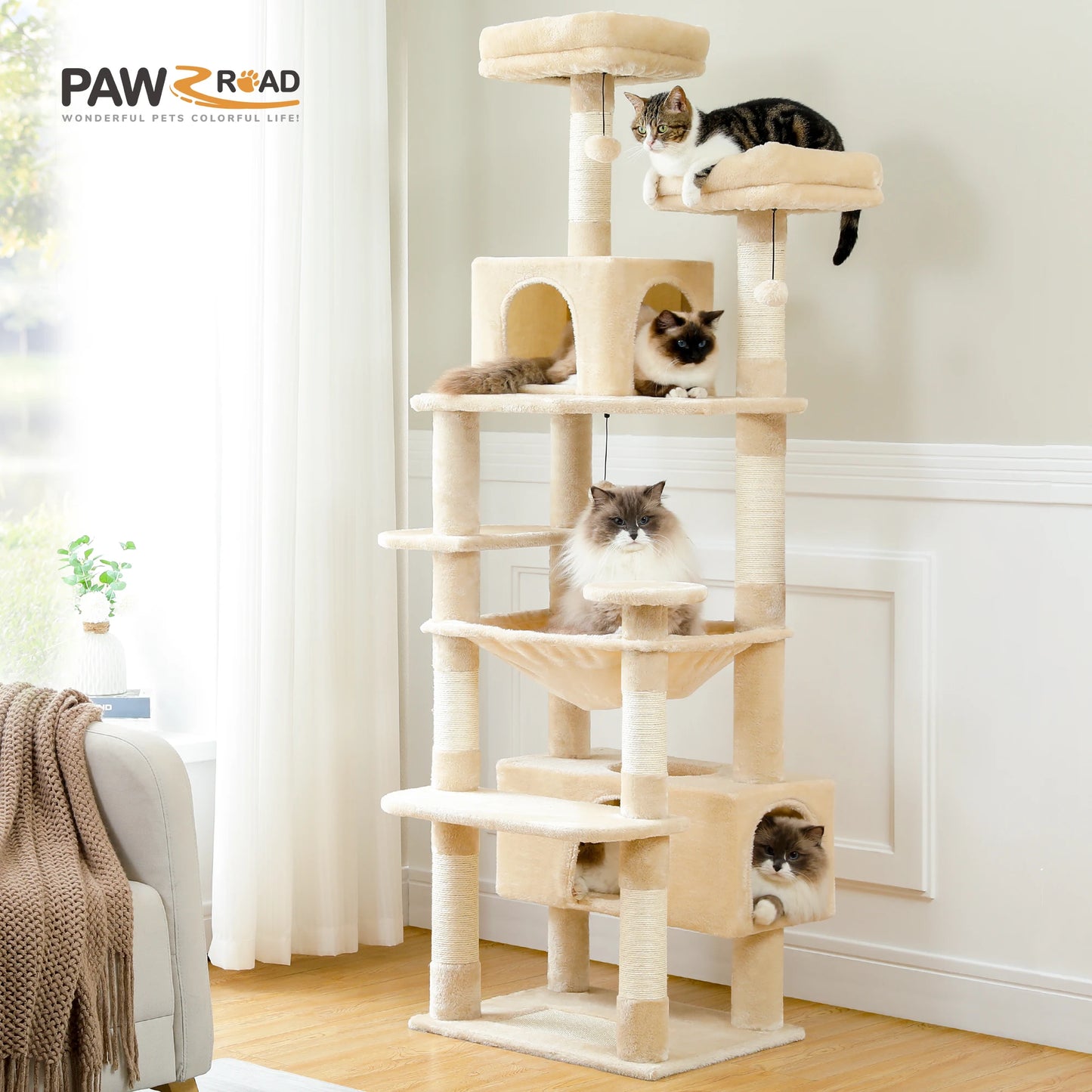 Grand arbre à chat multi-niveaux — sisal, hamac & niches