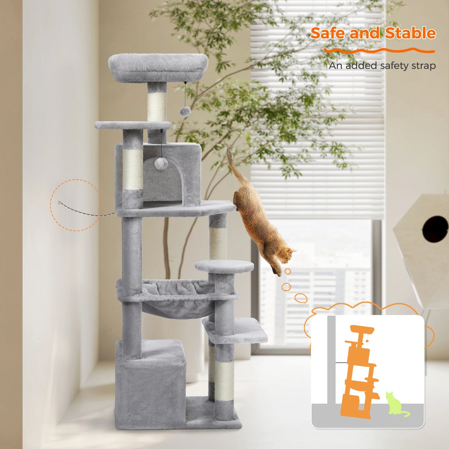 Grand arbre à chat multi-niveaux — sisal, hamac & niches