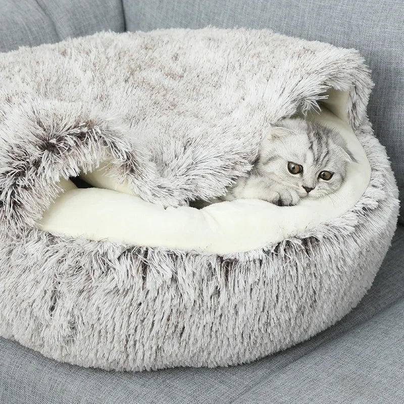 Coussin rond 2-en-1 convertible en nid pour chat