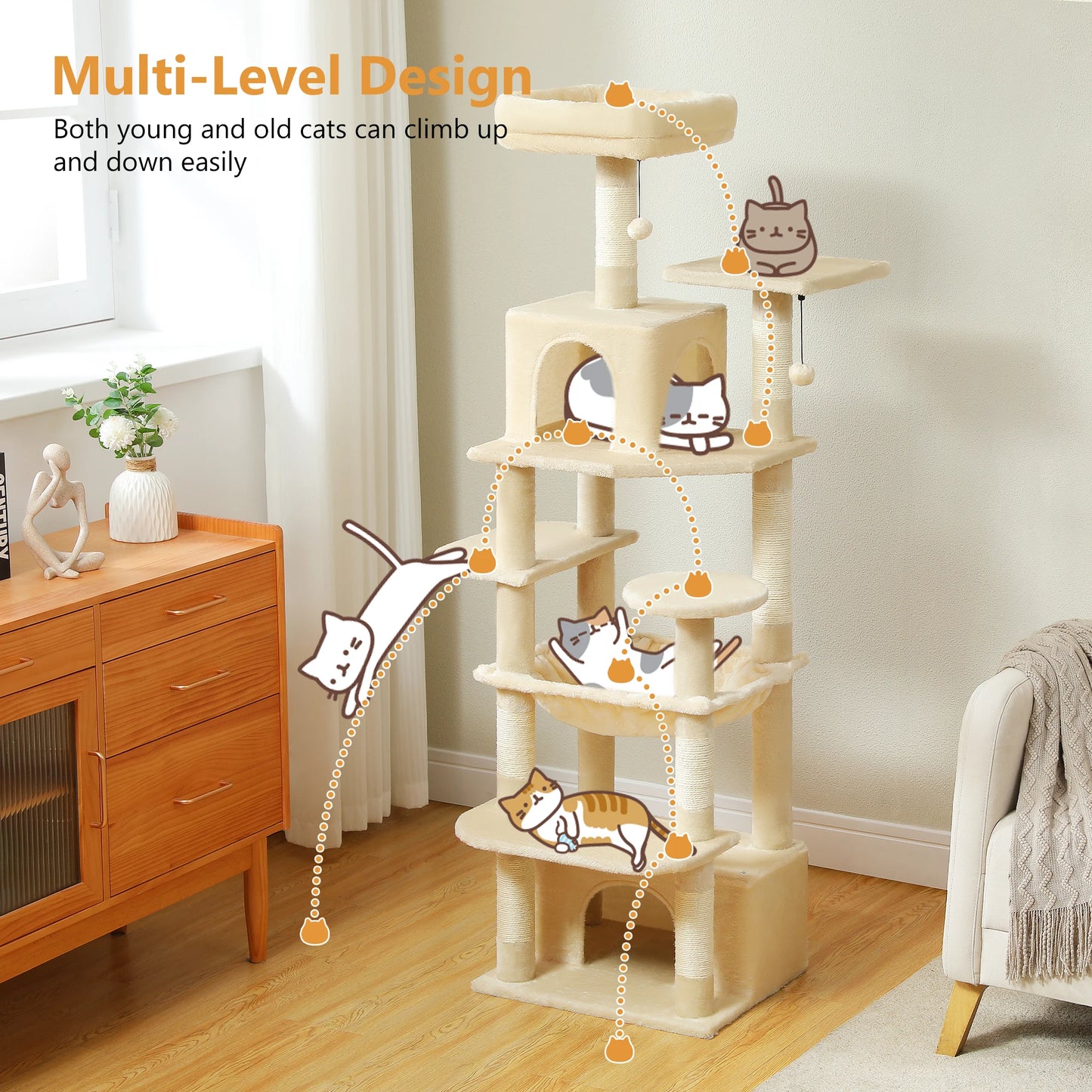 Grand arbre à chat multi-niveaux — sisal, hamac & niches