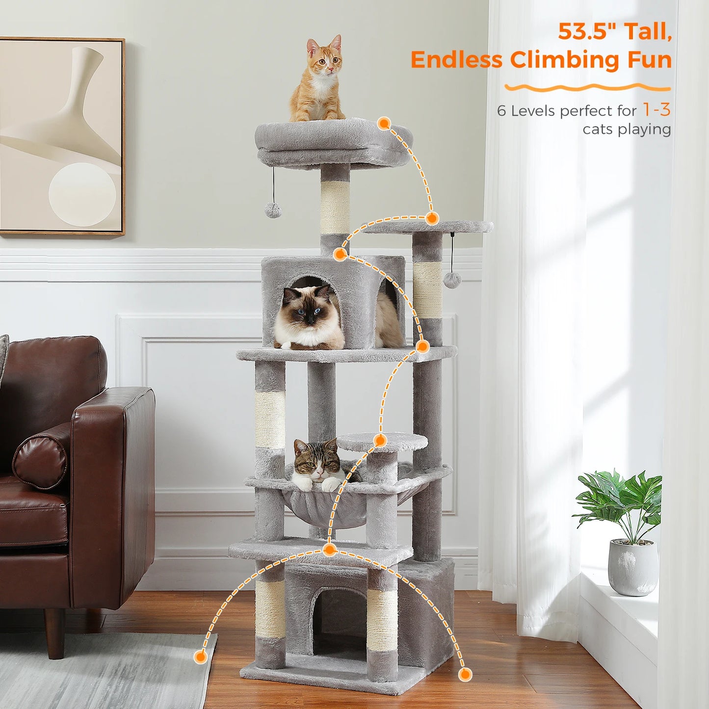 Grand arbre à chat multi-niveaux — sisal, hamac & niches