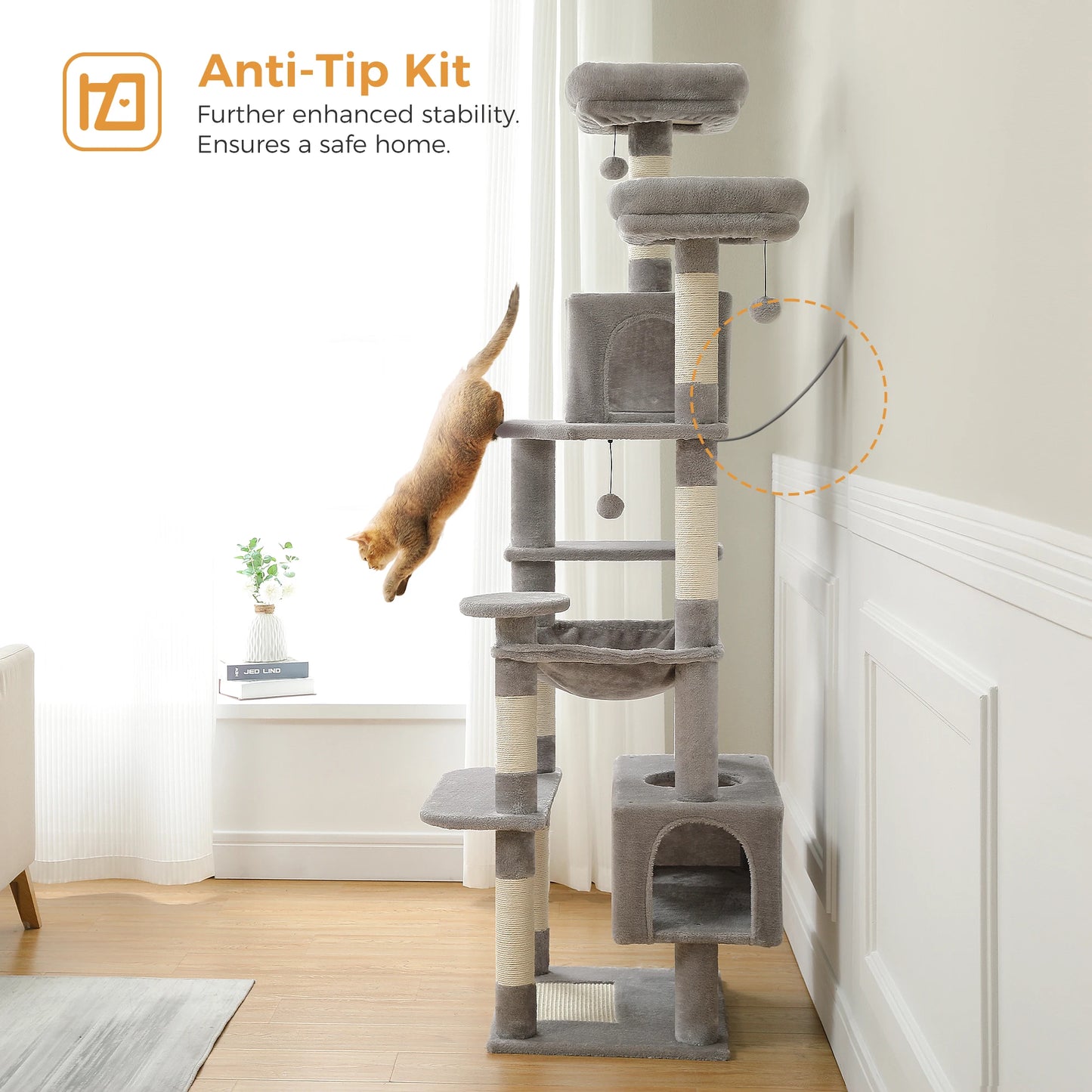 Grand arbre à chat multi-niveaux — sisal, hamac & niches
