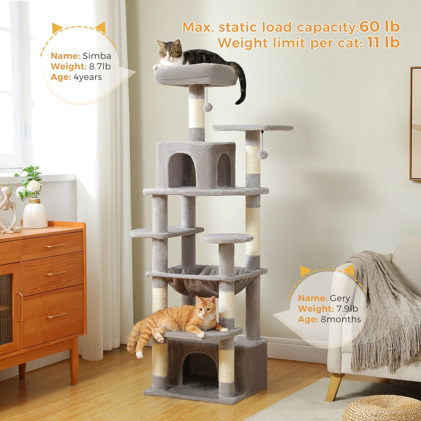 Grand arbre à chat multi-niveaux — sisal, hamac & niches