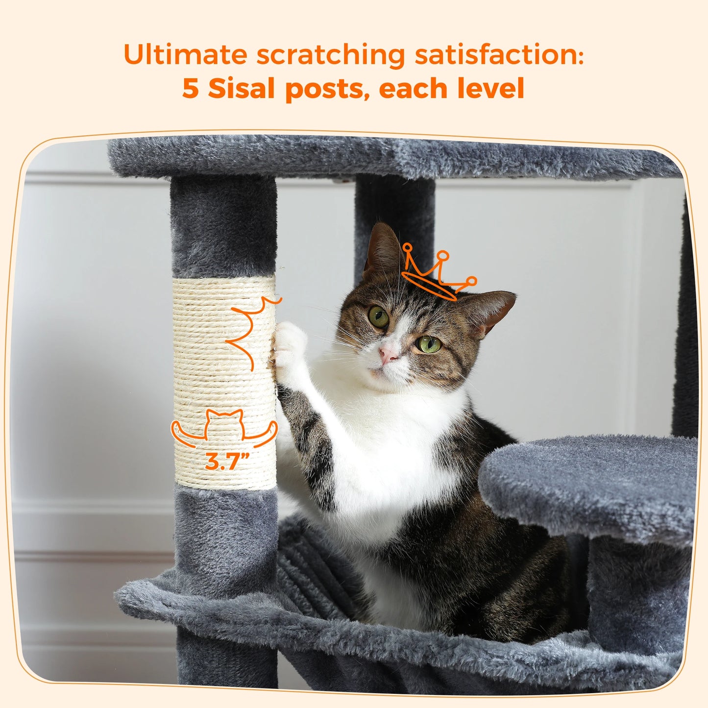 Grand arbre à chat multi-niveaux — sisal, hamac & niches