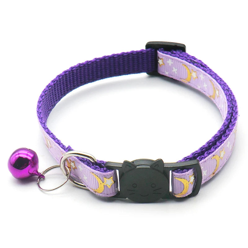 Collier chat étoiles & lune — réfléchissant avec grelot