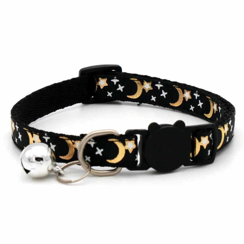 Collier chat étoiles & lune — réfléchissant avec grelot